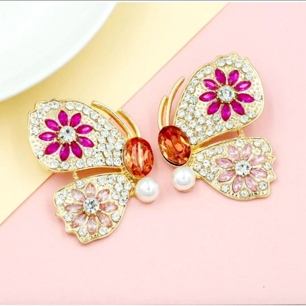 Large Retro Gold Plated Muticolor Crystal flower butterfly earrings - Picture 1 of 16
